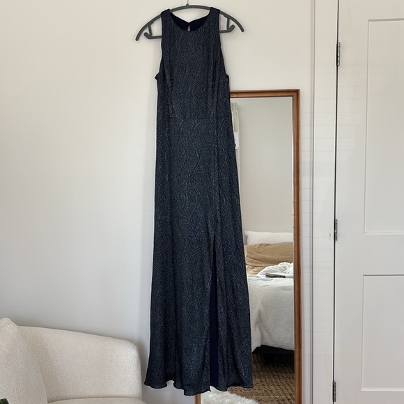NWT Dessy Collection Navy Blue Metallic Column Sleeveless Gown Formal Dress - Picture 3 of 10